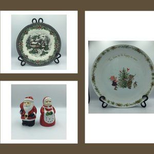 Christmas Lot -Salt Pepper Shakers - Christmas Tree Plates - Cardinal Christmas